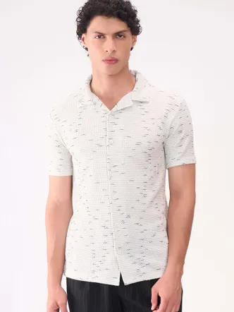 Men's Off White Waffle Weave Cuban Collar Shirt