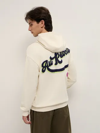 Cream Cotton Crew Neck Pullover Hoodie Men