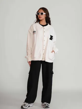 Vintage White Unisex Crew Neck Bomber Jacket