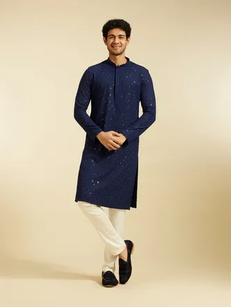 Navy Blue Jacquard Pathani Kurta for Weddings