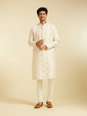 Cream Jacquard Pathani Kurta for Men