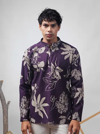 Deep Purple Floral Viscose Pathani Kurta
