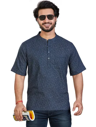 Navy Blue Cotton Pathani Kurta for Men