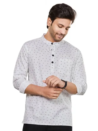 Men's White Floral Cotton Pathani Kurta