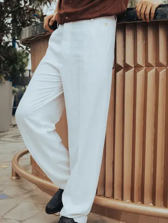 Men's White High Waist Linen Chinos