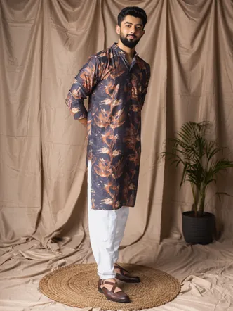Black Abstract Print Pathani Kurta for Men