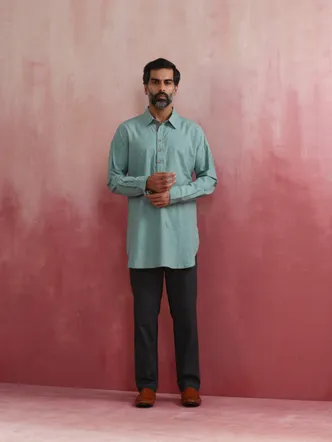 Men's Aqua Blue Cotton Pathani Kurta