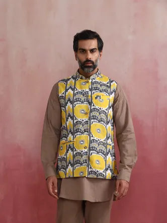 Men's Grey Ikat Print Cotton Nehru Jacket