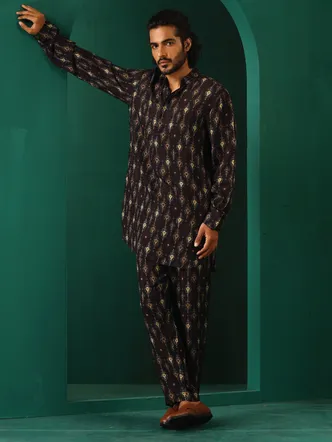 Black Silk Ikat Print Men's Co-Ord Set