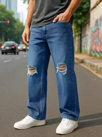 Men's Ripped Baggy Bell Bottom Jeans Denim