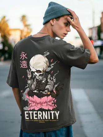 Men's Charcoal Grey Oversized Typography T-Shirt