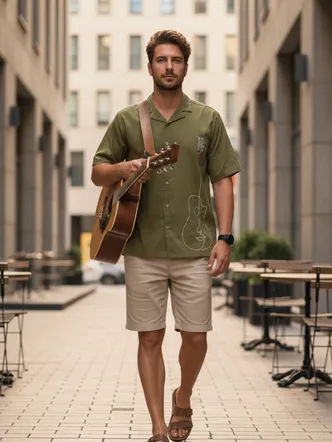 Olive Green Men's Cuban Collar Casual Shirt