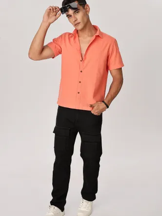 Men's Fluorescent Orange Seersucker Button Shirt