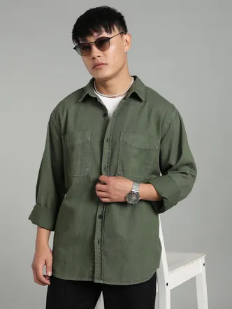 Men's Forest Green Denim Button Neck Tunic Shirt