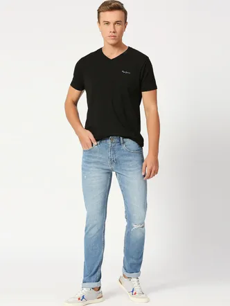 Men's Light Sky Blue Ripped Denim Capris