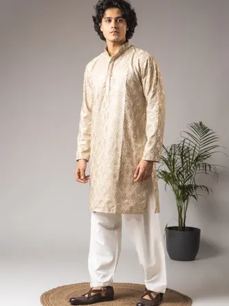 Ivory Gold Brocade Silk Kurta Set
