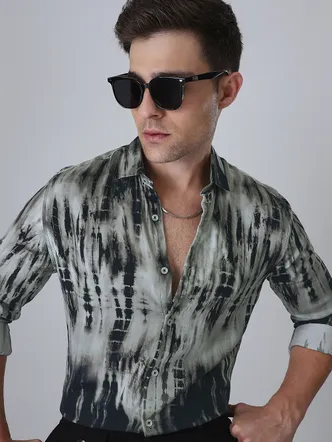 Men's Abstract Print Satin Shirt - Black