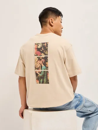 Men's Oversized Light Beige Floral T-Shirt