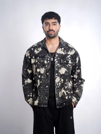 Men's Vintage Denim Bomber Jacket - Black/White