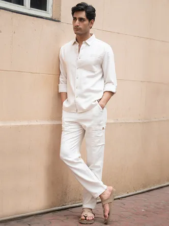 Beige Linen Men's Co Ord Set - Casual