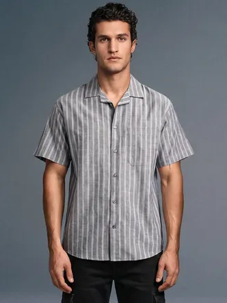 Grey Striped Cuban Collar Shirt for Men