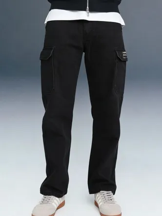 Jet Black Mens Relaxed Fit Cargo Jeans