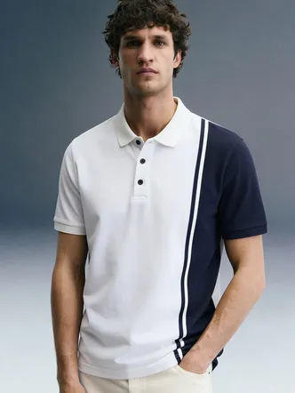 Men’s White Navy Colorblocked Polo Shirt