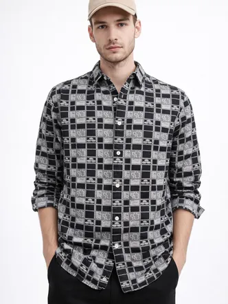 Men's Black Checked Cotton Button-Up Shirt