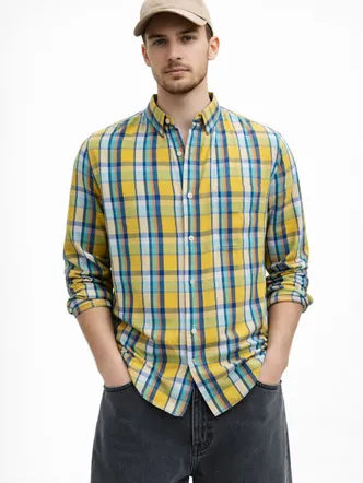 Men's Checked Button Neck Cotton Shirt
