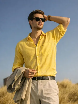 Men's Light Yellow Button Neck Shirt