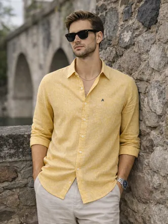 Men's Amber Yellow Linen Long Sleeve Shirt