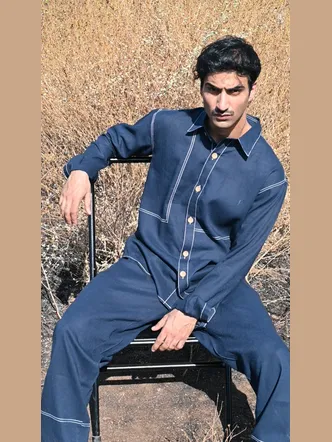 Deep Navy Blue Men's Cotton Co Ord Set