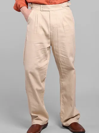Men's Light Khaki Pleated Cotton Trousers