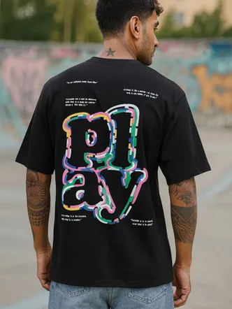Men's Black Graphic Print Oversized T-Shirt