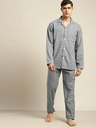 Men's Grey Checked Flannel Night Suit