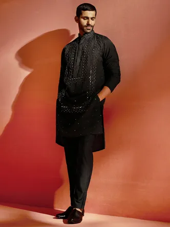 Jet Black Silk Pathani Kurta for Men