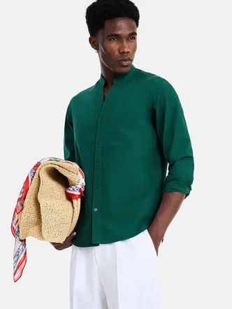 Mandarin Collar Emerald Cotton Nehru Jacket Shirt