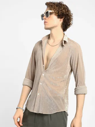 Men's Beige Solid Long Sleeve Shirt