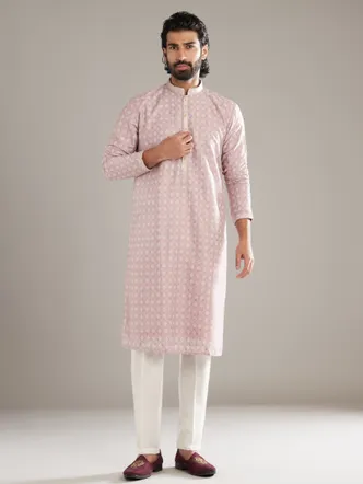 Light Pink Floral Print Men's Kurta Set