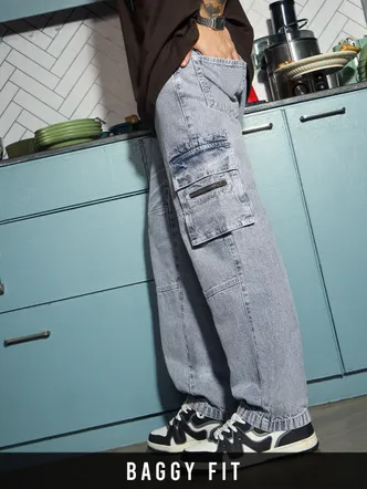 Men's Bleached Light Blue Denim Cargo Jeans