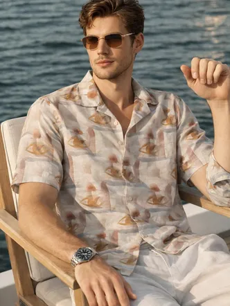 Men's Printed Cuban Collar Beach Shirt