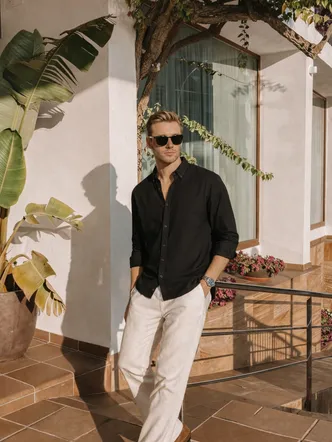 Men's Black Linen Button-Down Casual Shirt