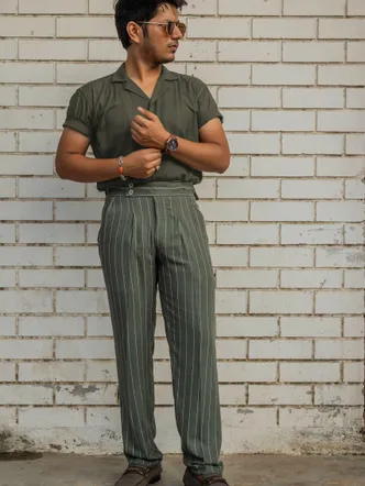 Olive Green Pleated Tapered Pants Men's