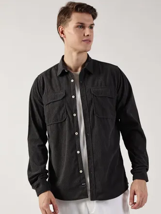 Men's Charcoal Corduroy Button-Up Pullover Shirt