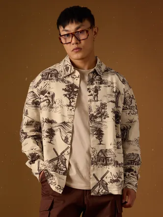 Men's Cream Toile Printed Cotton Relaxed Shirt Daily