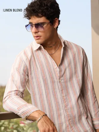 Beige Linen Cotton Rugby Shirt Men Casual
