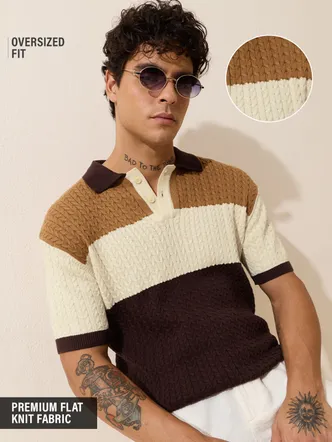 Men's Colorblocked Cable-Knit Polo T-Shirt Dark Chocolate Daily