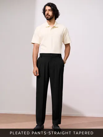 Men's Deep Black Pleated Baggy Pants Travel