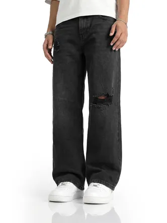 Deep Black Vintage Wash Ripped Men's Denim Jeans