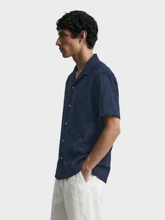 Deep Navy Cuban-Collar Jacquard Shirt Casual